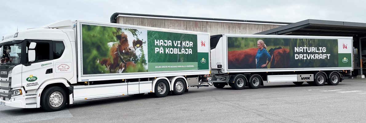 Haja - Arla Biogas lastbilar kör på koblaja - Flexsign har skiftat till nya kampanjen